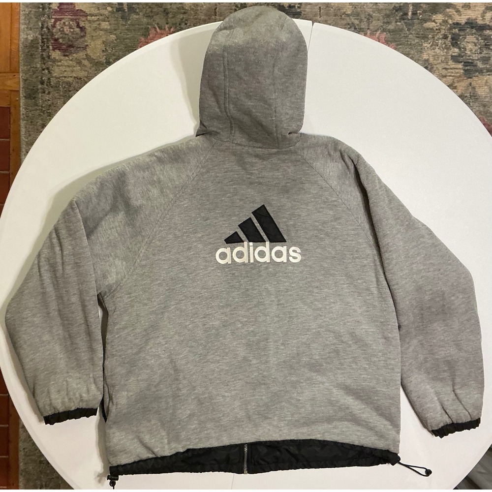 VTG Y2K Adidas Reversible Hooded Jacket Mens L Gray Black Baggy 3 Stripes